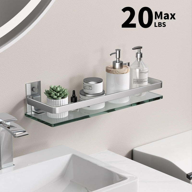 Danpoo Clear Tempered Glass Wall Shelf, Wall-Mounted Organizer for Bathroom, Kitchen(Matte Silver) - Image 3