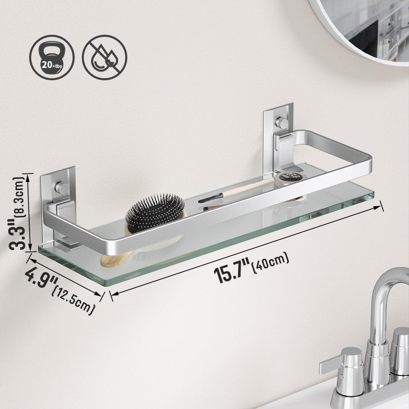 Danpoo Clear Tempered Glass Wall Shelf, Wall-Mounted Organizer for Bathroom, Kitchen(Matte Silver) - Image 2