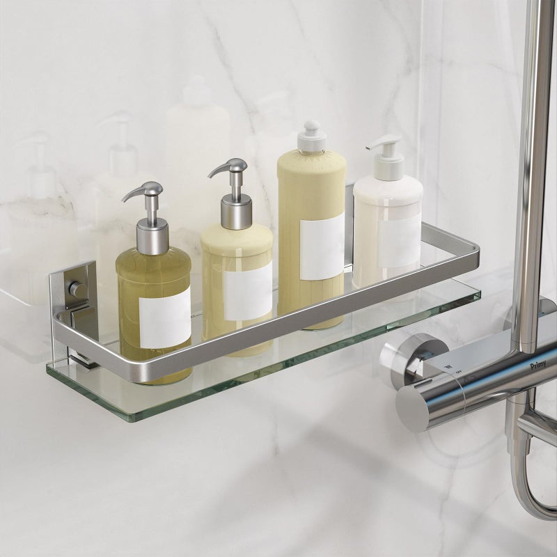 Danpoo Clear Tempered Glass Wall Shelf, Wall-Mounted Organizer for Bathroom, Kitchen(Matte Silver) - Image 4