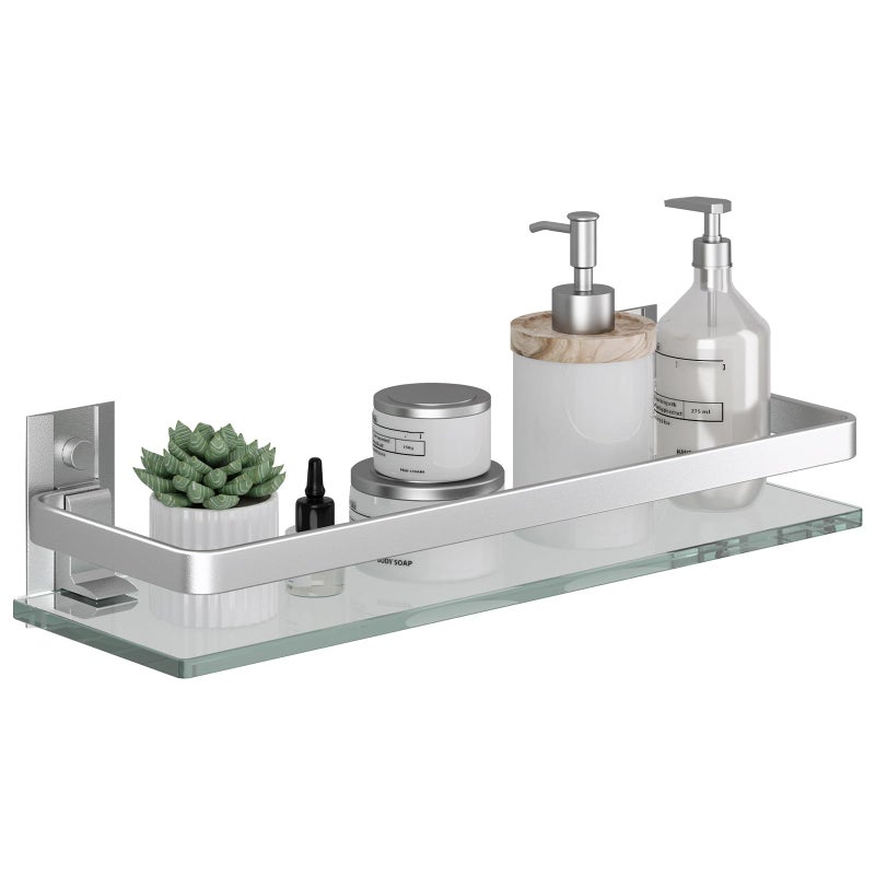 Danpoo Clear Tempered Glass Wall Shelf, Wall-Mounted Organizer for Bathroom, Kitchen(Matte Silver) - Image 1