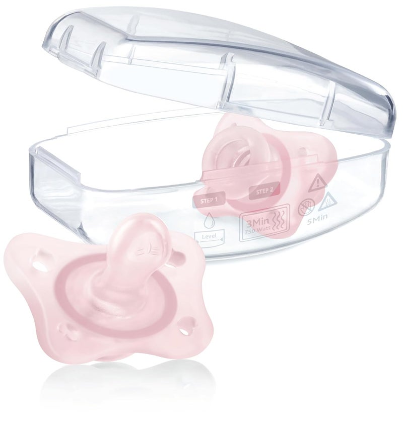 Chicco شيكو فيزيوفورما 100 مصاصة سيليكون ناعمة صغيرة قطعة واحدة للأطفال 02 شهر خالية من BPA واللاتكس علبة تعقيم قابلة لإعادة الاستخدام وردية 2 حزمة - Image 4