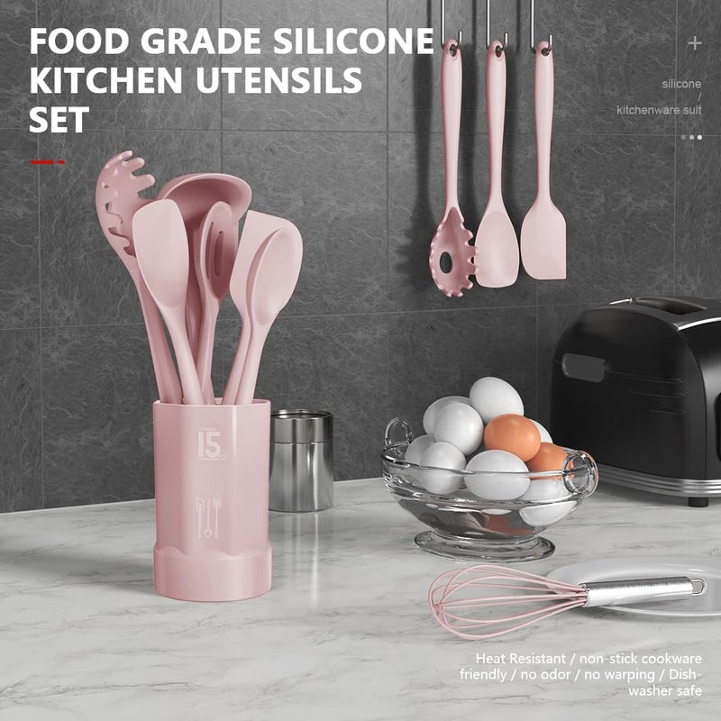 AOTHOD Silicone Cooking Utensils Set - 446Â°F Heat Resistant Kitchen Utensils, Spatula,Turner Tongs,Spoon,Whisk,Kitchen Utensil Gadgets Tools Set for Nonstick Cookware,Dishwasher Safe BPA Free(Pink) - Image 2