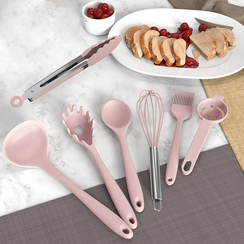 AOTHOD Silicone Cooking Utensils Set - 446Â°F Heat Resistant Kitchen Utensils, Spatula,Turner Tongs,Spoon,Whisk,Kitchen Utensil Gadgets Tools Set for Nonstick Cookware,Dishwasher Safe BPA Free(Pink) - Image 3