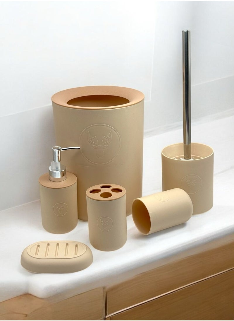 QSHOP QShop®️ Bamboo Bathroom Accessories Set, 6 Pieces, Luxury Modern Bathroom Accessories Set, Toilet Accessories with Waste Bin, Cup, Toothbrush Holder, Soap Dish Holder, and Soap Dispenser  - Image 2