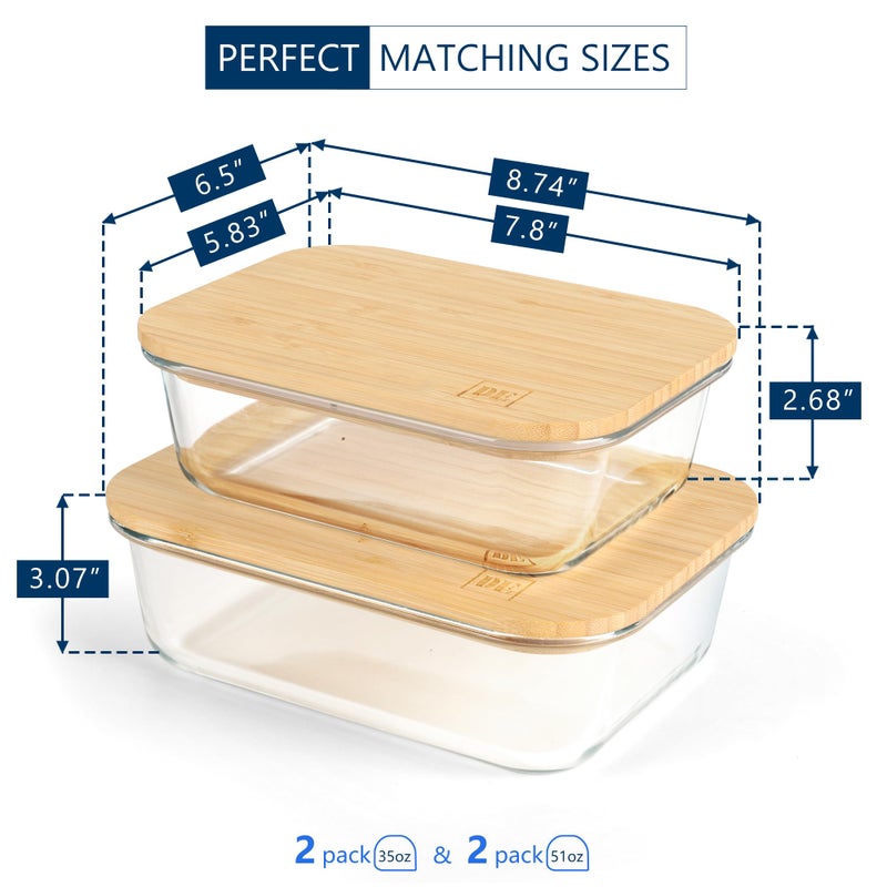 DE Glass Food Storage Containers with Bamboo Lids, (4, Pack 2 x 35oz & 2 x 51oz) Pack Meal Prep Glass Containers Safe for Microwave, Oven, Freezer and Dishwasher, BPA Free - Image 2