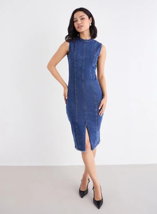 ستايلي Styli Denim Bodycon Knee Length Dress with Slit