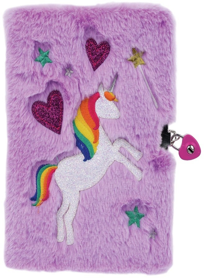 iscream Plush Fur Glittery Embroidered Accent Lined-Page Lock and Key 8.5" Journal - Magical Unicorn - Image 1