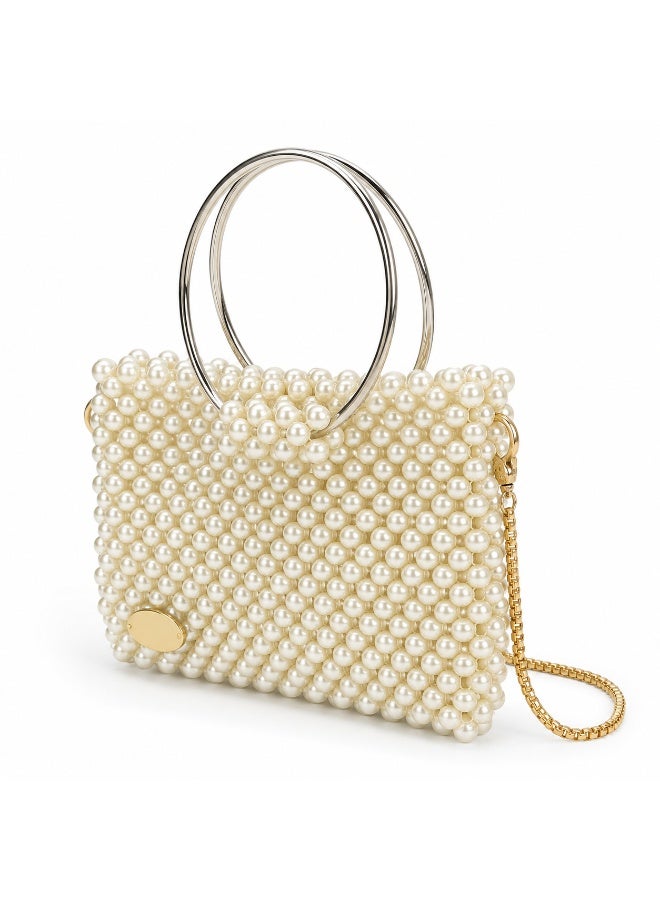 Women's Faux Pearl Beaded Evening Clutch Handbag with Dual Metal Ring Handles & Gold Chain - Off-White - Image 1
