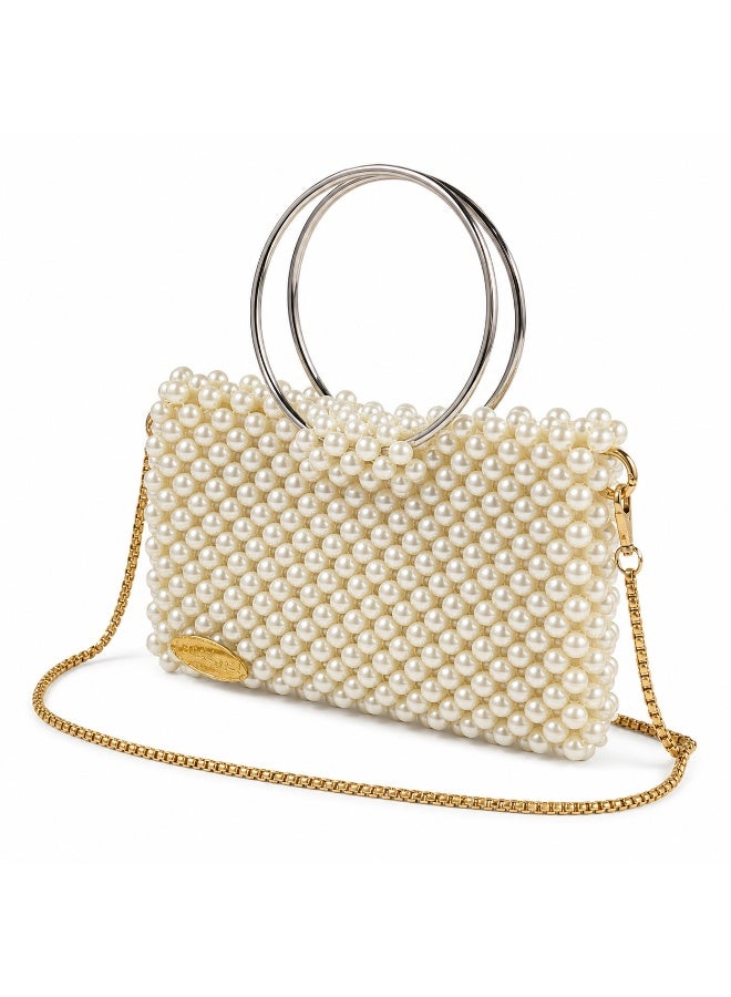 Women's Faux Pearl Beaded Evening Clutch Handbag with Dual Metal Ring Handles & Gold Chain - Off-White - Image 5