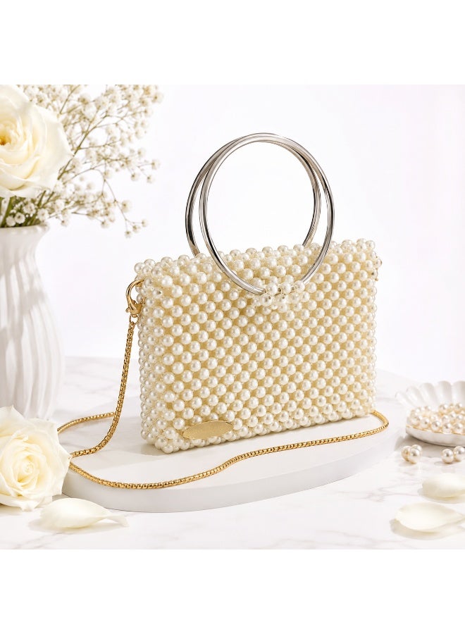 Women's Faux Pearl Beaded Evening Clutch Handbag with Dual Metal Ring Handles & Gold Chain - Off-White - Image 4