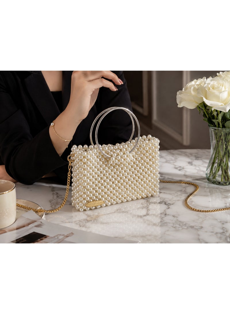 Women's Faux Pearl Beaded Evening Clutch Handbag with Dual Metal Ring Handles & Gold Chain - Off-White - Image 3