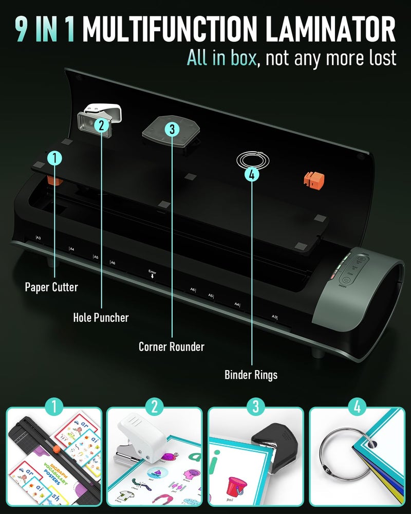 Qfun Laminator Machine 11x17 Cold Thermal Laminatorï¼Œ13 inch Laminating Machine 60s Warm-up with 30 Laminate Sheetsï¼Œ9 in 1 Desktop A3 Lamination Machine with Paper Trimmer for Teacher Home Office - Image 3