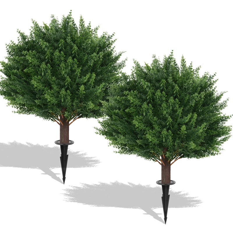EverNature 2Pack Artificial Cedar Topiary Ball Trees, 16'' UV Resistant Fake Evergreen Shrubs Bushes Plants with Ground Spike Fake Plants for Outdoor Indoor Front Porch Garden - Image 1