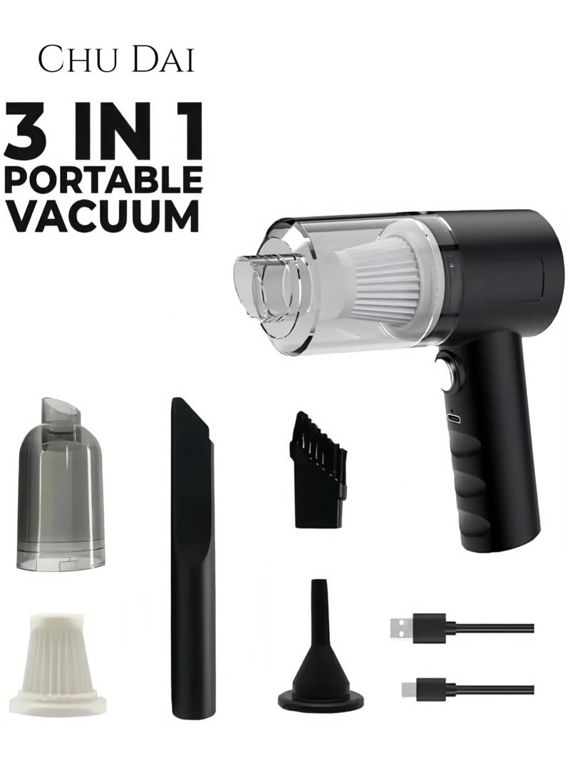 تشو داي مكنسة كهربائية محمولة 3 في 1 للسيارة، مكنسة يدوية محمولة، منفاخ هواء كهربائي، بطارية قابلة لإعادة الشحن 1200 مللي أمبير/ساعة، لتنظيف السيارة والمنزل والمكتب، لون أسود - Image 3