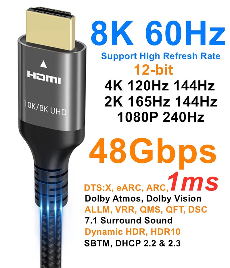 Ubluker كابل HDMI 10K 8K 4K بسرعة 48Gbps بطول 25 قدم، كابل HDMI® معتمد عالي السرعة للغاية 4K 240Hz 144Hz 120Hz 8K60Hz 0.01ms HDR10+ eARC HDCP2.3 نتفليكس روكو تلفاز كمبيوتر شاشة بروجيكتور PS5 إكس بوكس - Image 3