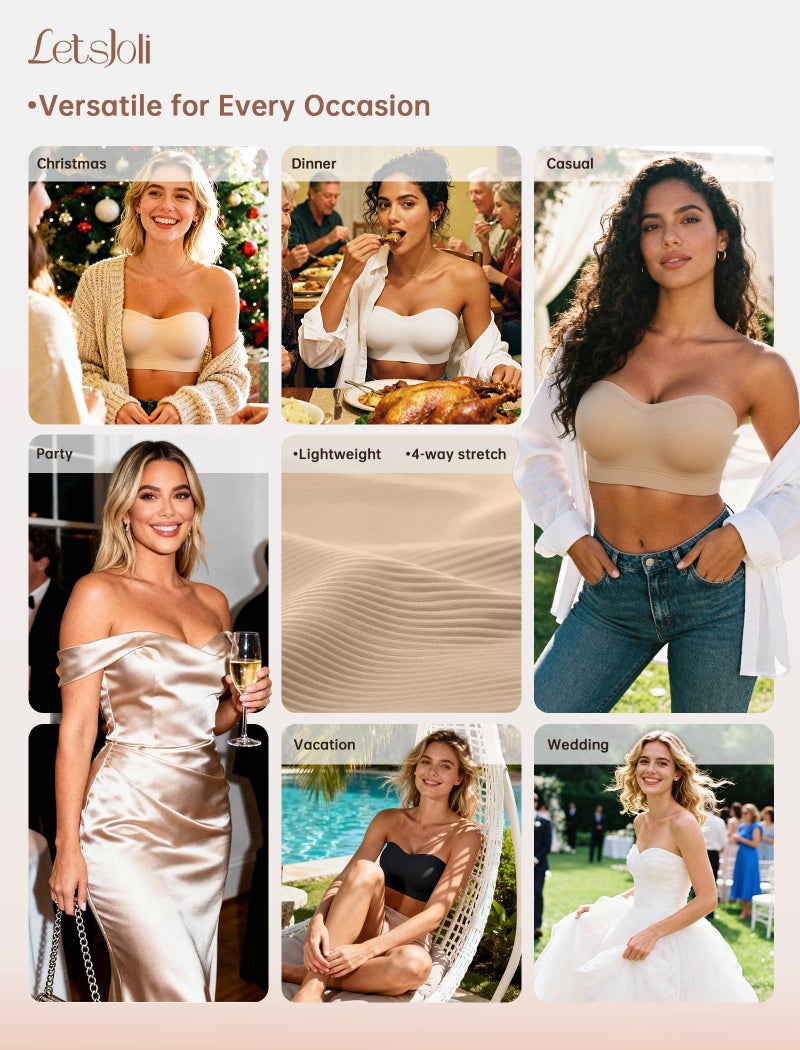 LetsJoli Strapless Push Up Bras for Women Support Bandeau Bra Wireless Seamless Comfortable Non Slip Tshirt Bras Black - Image 3