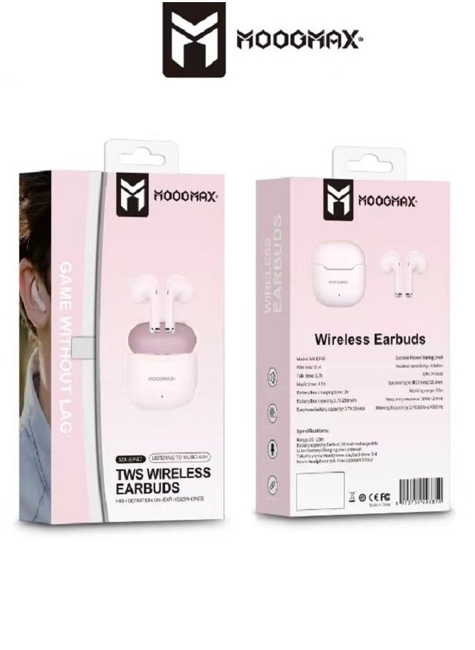 MOOGMAX - Moogmax MX-EP47 A TWS wireless Earbuds with built-in a clear microphone and powerful HAFI clear sound, game without lag, Bluetooth 5.4V and ergonomic elegant design. in Pink color - Image 1