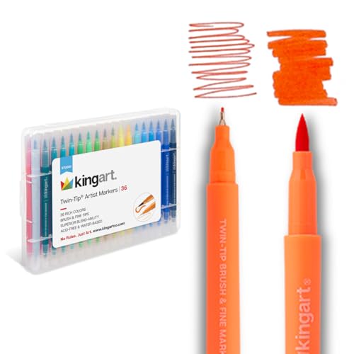 KINGART Dual Tip Brush Markers Art Pen Set, Artist Fine and Brush Tip Colored Pens, for Drawing, Lettering Calligraphy Journaling, Bible, Crafts, Set of 36 Bright Colors in Travel Storage Case - Image 1