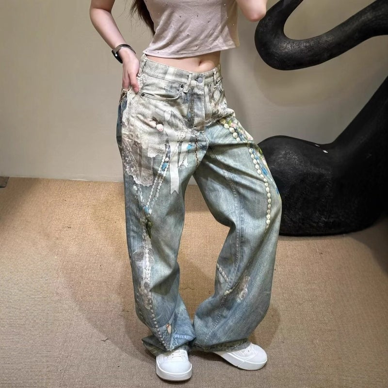 Women's 3D Printed Lace Pearl Embroidered Curved Straight Leg Jeans - Image 2