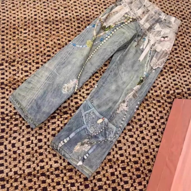 Women's 3D Printed Lace Pearl Embroidered Curved Straight Leg Jeans - Image 4