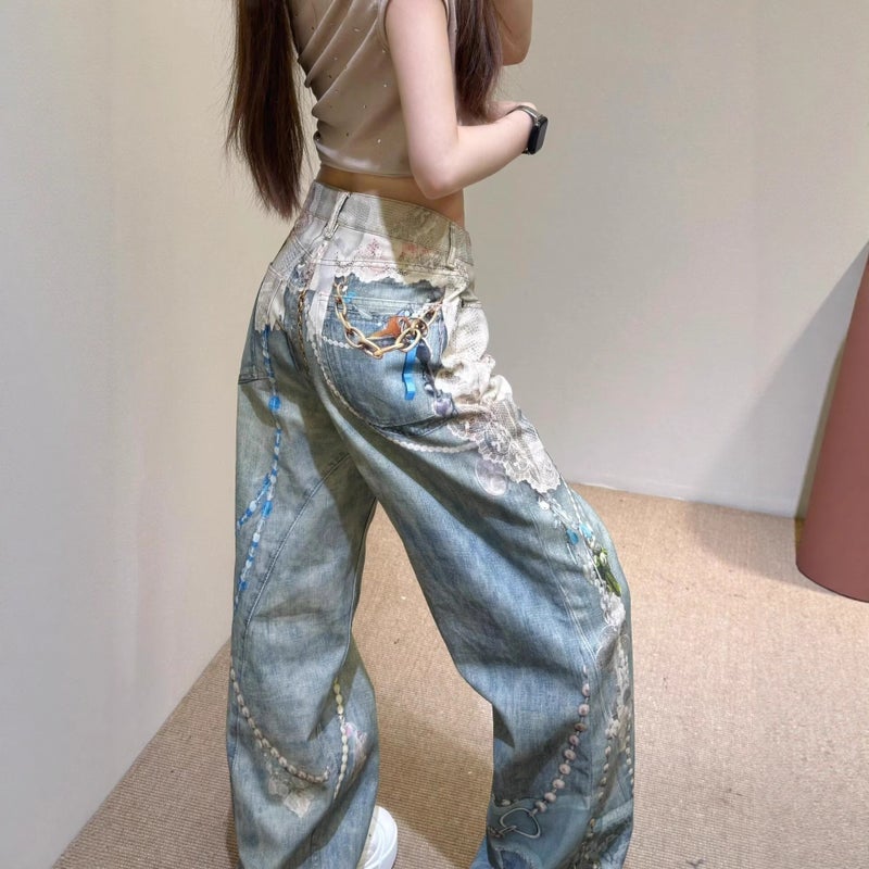 Women's 3D Printed Lace Pearl Embroidered Curved Straight Leg Jeans - Image 1
