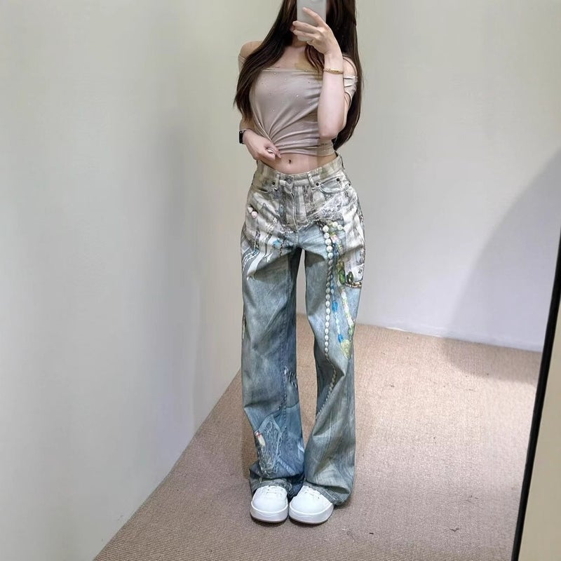 Women's 3D Printed Lace Pearl Embroidered Curved Straight Leg Jeans - Image 3