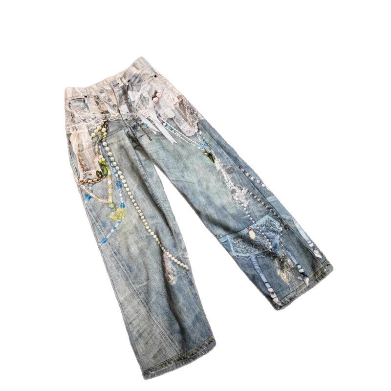 Women's 3D Printed Lace Pearl Embroidered Curved Straight Leg Jeans - Image 5