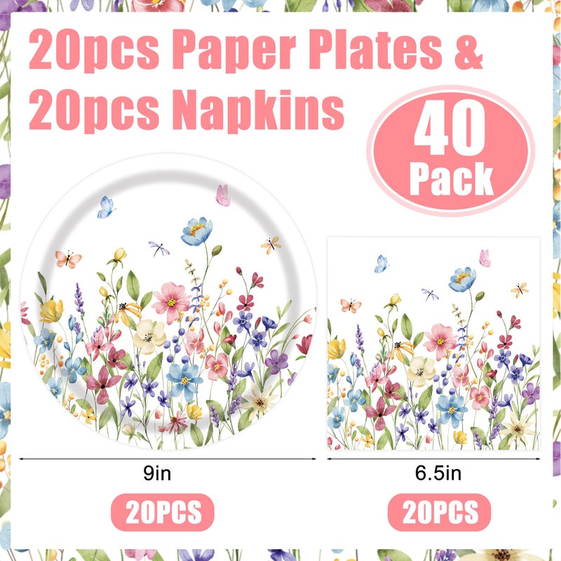 peony man 40 PCS Wildflower Paper Plates and Napkins Spring Floral Party Supplies Disposable 9 Inch Wildflower Party Plates Napkins Tableware Set for Spring Summer Picnic Wedding Birthday Tea Parties, Serves 20 - Image 2