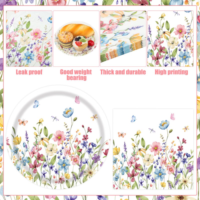 peony man 40 PCS Wildflower Paper Plates and Napkins Spring Floral Party Supplies Disposable 9 Inch Wildflower Party Plates Napkins Tableware Set for Spring Summer Picnic Wedding Birthday Tea Parties, Serves 20 - Image 3