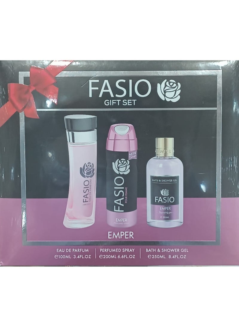 Fasio Eau de Toilette gift set consisting of 100 ml perfume, 200 ml body spray and 250 ml shower gel.
