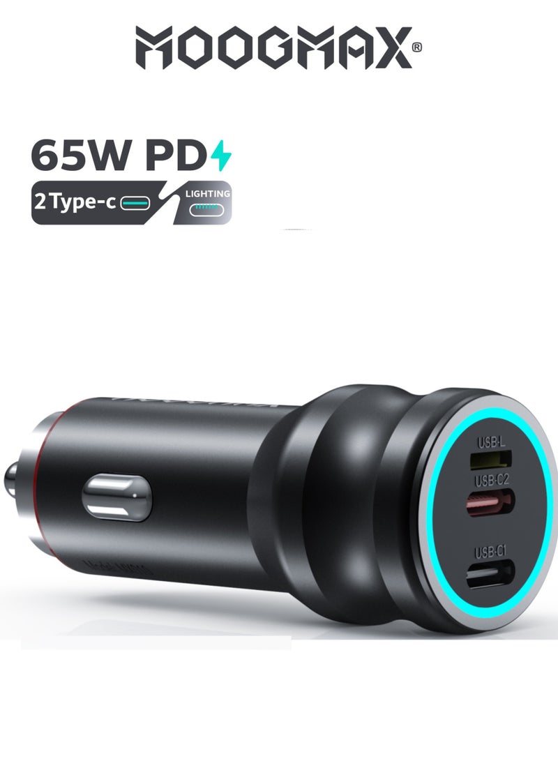 موجماكس شاحن سيارة بقوة 65W, بمنفذين (Type-C) PD تدعم الشحن السريع و منفذ (lightning) ايفون لاستخدام كيبل الايفون لشحن هاتفك الاندرويد باللون الأسود من موجماكس - Image 1