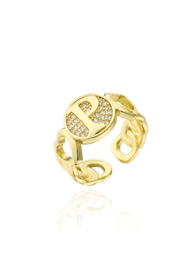 New Light Luxury Copper Inlaid Zircon 18k Real Gold Heart Smooth Letter Adjustable Ring Versatile Personality Ring