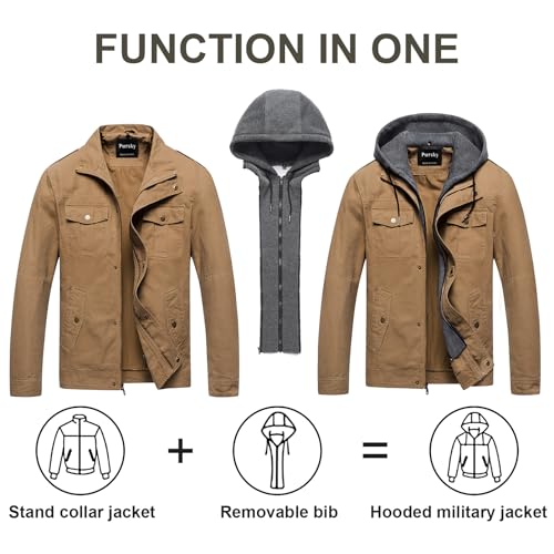 Pursky Men's Winter Jacket Hoodies Causal Cotton Work Coat Classic Outerwear Khaki 3XL - Image 2
