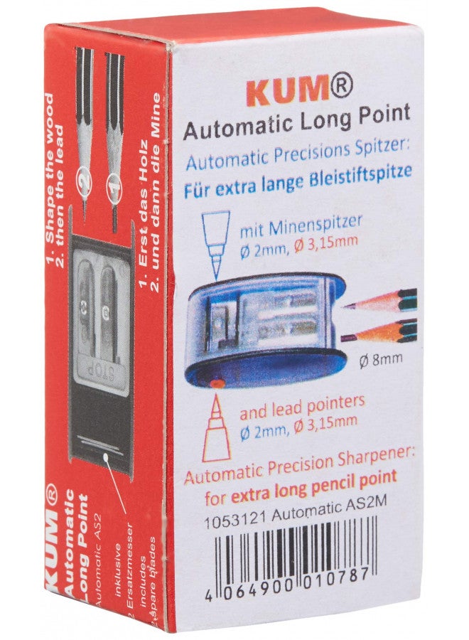 Kum AS2M (1053121), Long Point Sharpener, sharpens in 2 steps; 2 spare blades includes. With lead pointers for 2 mm and 3.2 mm. BLUE only - Image 4