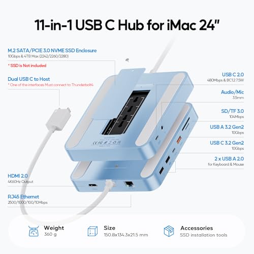 PULWTOP 11 in 1 USB C Hub for iMac 24 inch 2021 2023 2024 USB Hub Docking Station Support M.2 SSD (NOT Included), iMac M1 M3 M4 Accessories, 4K HDMI, 2.5G Ethernet, 5 USB A/C 3.2 10Gbps, SD/TF - Blue - Image 2