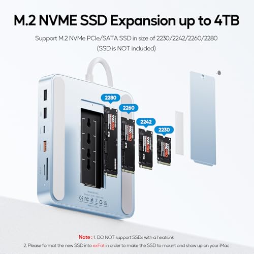 PULWTOP 11 in 1 USB C Hub for iMac 24 inch 2021 2023 2024 USB Hub Docking Station Support M.2 SSD (NOT Included), iMac M1 M3 M4 Accessories, 4K HDMI, 2.5G Ethernet, 5 USB A/C 3.2 10Gbps, SD/TF - Blue - Image 3