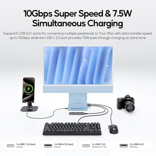 PULWTOP 11 in 1 USB C Hub for iMac 24 inch 2021 2023 2024 USB Hub Docking Station Support M.2 SSD (NOT Included), iMac M1 M3 M4 Accessories, 4K HDMI, 2.5G Ethernet, 5 USB A/C 3.2 10Gbps, SD/TF - Blue - Image 5