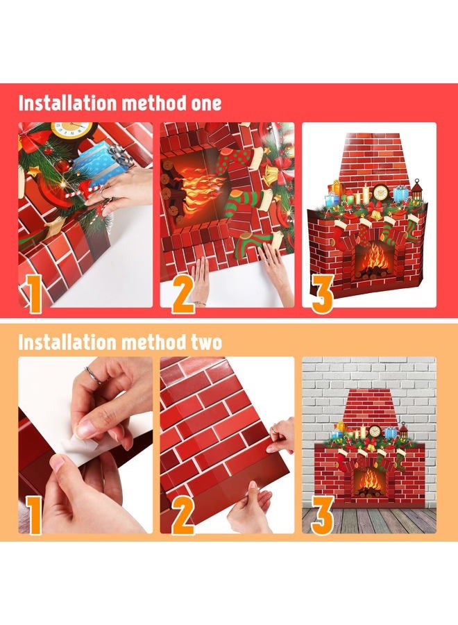 OUKEYI خلفية مدفأة عيد الميلاد للتصوير - زينة مدفأة من الطوب الأحمر لحفلة عيد الميلاد - خلفية حطب محترق مع شريط لاصق 20 نقطة، 38.6'' x 35.4'' - Image 3