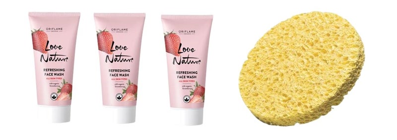 Oriflame love nature refreshing face wash with organic strawberry 50 x 3 ml Pack of 3 and cleansing sponge - Image 1