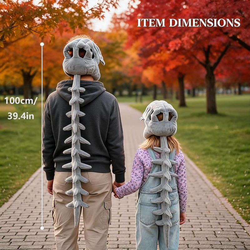 Dinosaur Skeleton Hat: Grey, 10 X 9 X 7 Inches, Soft Plush Adjustable Fit - Matching 8 X 5 X 4 Inches Skull Doll, Eye-Catching Design for Halloween Parties, Cosplay Events, Birthday Gatherings, Dinosa - Image 3
