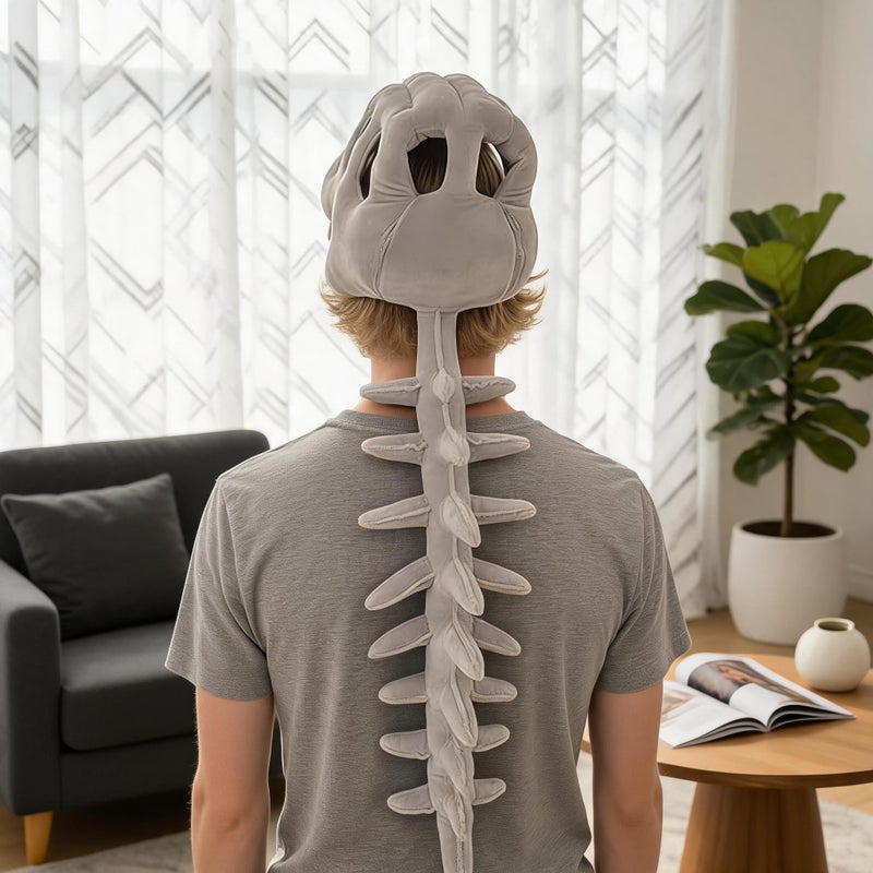 Dinosaur Skeleton Hat: Grey, 10 X 9 X 7 Inches, Soft Plush Adjustable Fit - Matching 8 X 5 X 4 Inches Skull Doll, Eye-Catching Design for Halloween Parties, Cosplay Events, Birthday Gatherings, Dinosa - Image 5