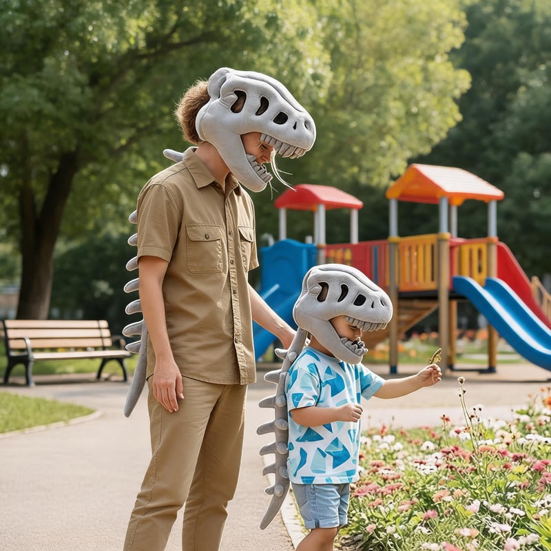 Dinosaur Skeleton Hat: Grey, 10 X 9 X 7 Inches, Soft Plush Adjustable Fit - Matching 8 X 5 X 4 Inches Skull Doll, Eye-Catching Design for Halloween Parties, Cosplay Events, Birthday Gatherings, Dinosa - Image 1