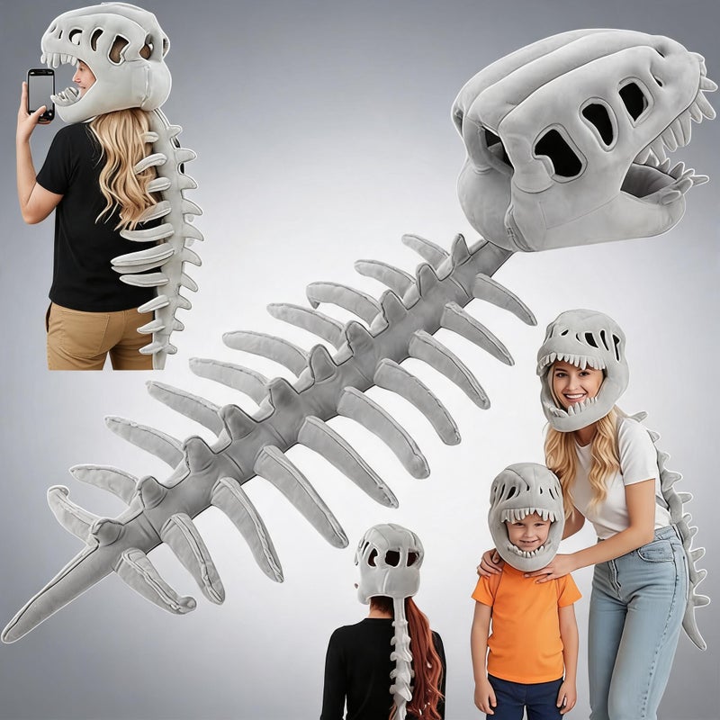Dinosaur Skeleton Hat: Grey, 10 X 9 X 7 Inches, Soft Plush Adjustable Fit - Matching 8 X 5 X 4 Inches Skull Doll, Eye-Catching Design for Halloween Parties, Cosplay Events, Birthday Gatherings, Dinosa - Image 2
