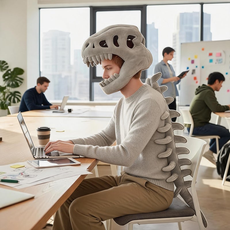 Dinosaur Skeleton Hat: Grey, 10 X 9 X 7 Inches, Soft Plush Adjustable Fit - Matching 8 X 5 X 4 Inches Skull Doll, Eye-Catching Design for Halloween Parties, Cosplay Events, Birthday Gatherings, Dinosa - Image 4