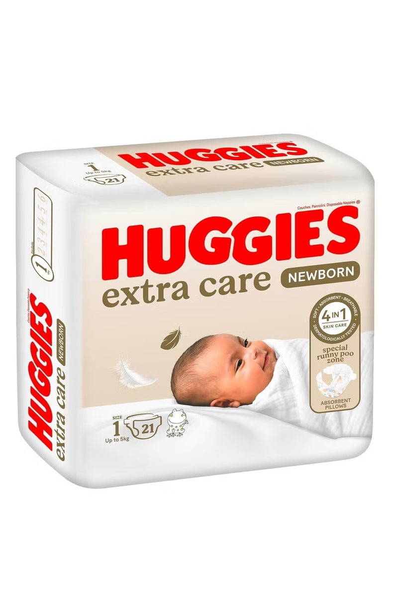 هجيز حفاضات إكسترا كير لحديثي الولادة، مقاس١، حتى ٥ كجم، حقيبة حمل، ٢١ حفاضة - Image 1