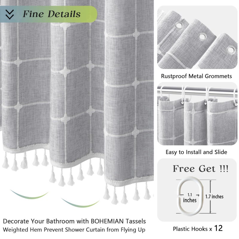 Yuanice Yuanice Boho Linen Shower Curtain Set with Tassels 60x72  Farmhouse Stall Fabric Heavy Duty Cloth Bath Curtain  Modern Vintage Country Hotel Luxury Ultra Thick Bathroom Deocr  Waterproof  Grey - Image 4