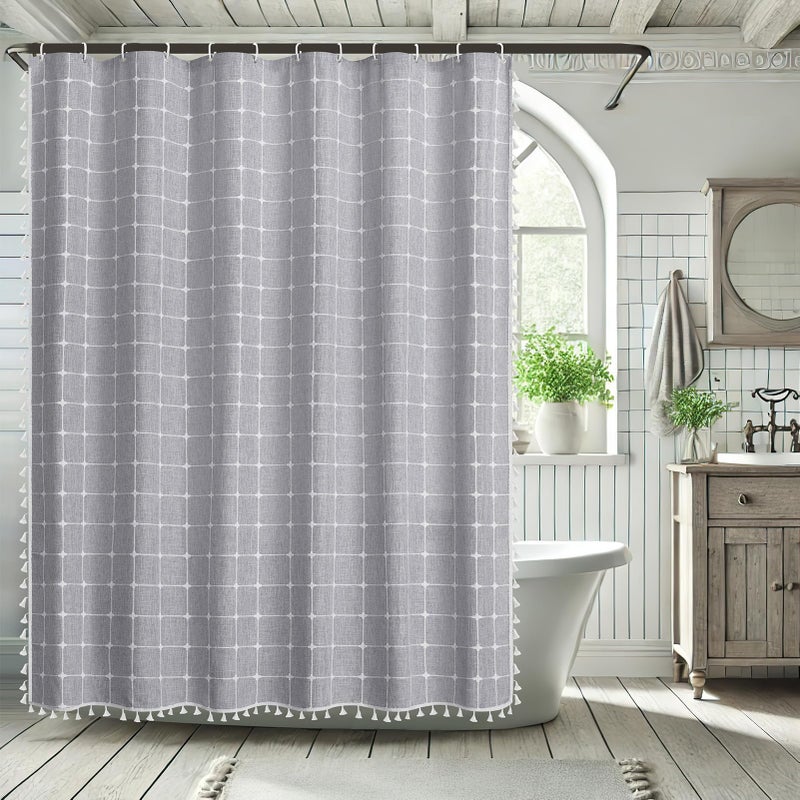 Yuanice Yuanice Boho Linen Shower Curtain Set with Tassels 60x72  Farmhouse Stall Fabric Heavy Duty Cloth Bath Curtain  Modern Vintage Country Hotel Luxury Ultra Thick Bathroom Deocr  Waterproof  Grey - Image 2
