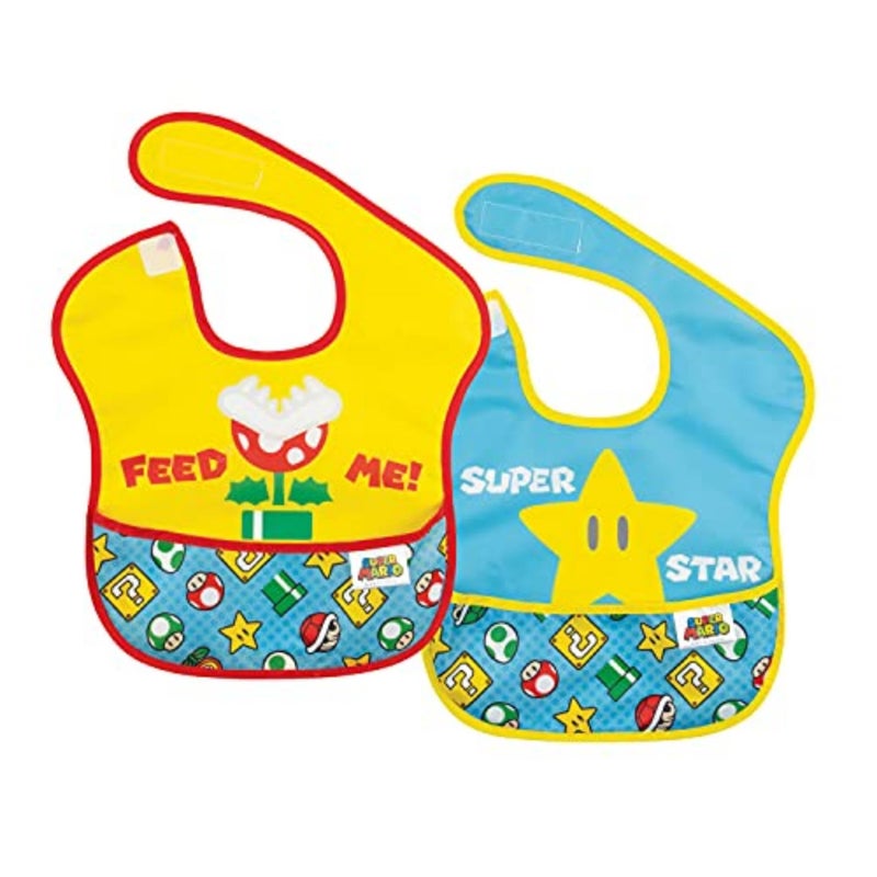 Bumkins Nintendo Bibs for Girl or Boy, SuperBib Baby and Toddler for 6-24 Months, Essential Must Have for Eating, Feeding, Baby Led Weaning, Waterproof Soft Fabric, 2-pk Super Mario Expressions - Image 1