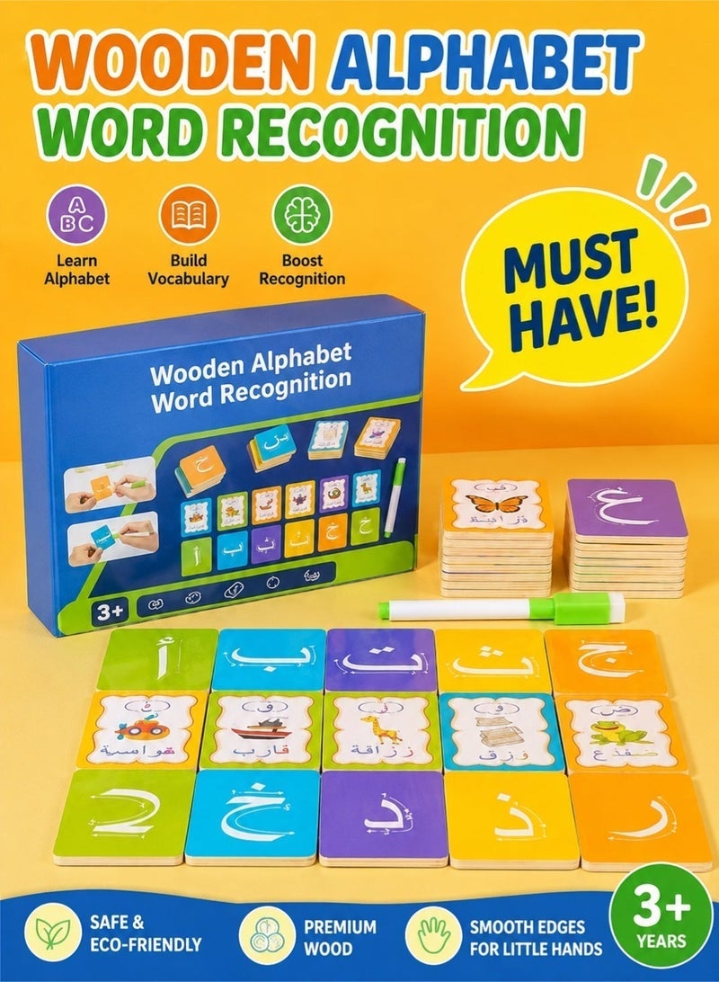 Saudi Select Arabic Alphabet Learning Flash Cards for Kids, Wooden Erasable Word Recognition Puzzle Board, Montessori Early Education Toy for Toddlers & Preschool Children - Image 1