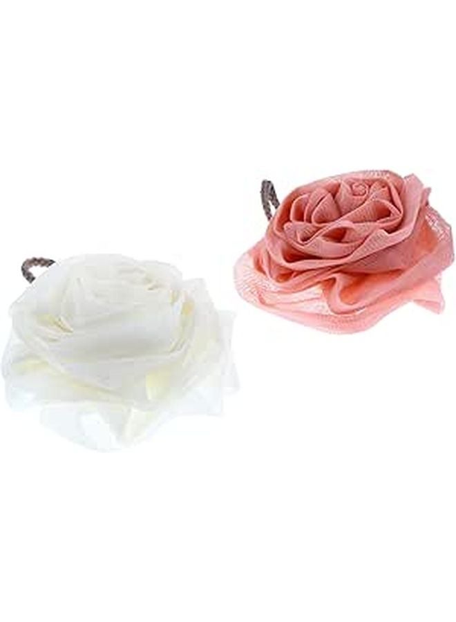 Pink And White Mesh Bath Balls 2 Pack Exfoliating Shower Poufs For Body Cleansing - Image 1